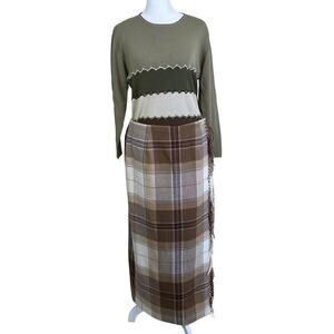 Talbots Sz 12 Vtg 100% Wool Fringed Wrap Maxi Skirt Plaid Cream Brown